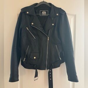 Black Leather Moto Jacket Asymmetrical Zip Belted Biker XL